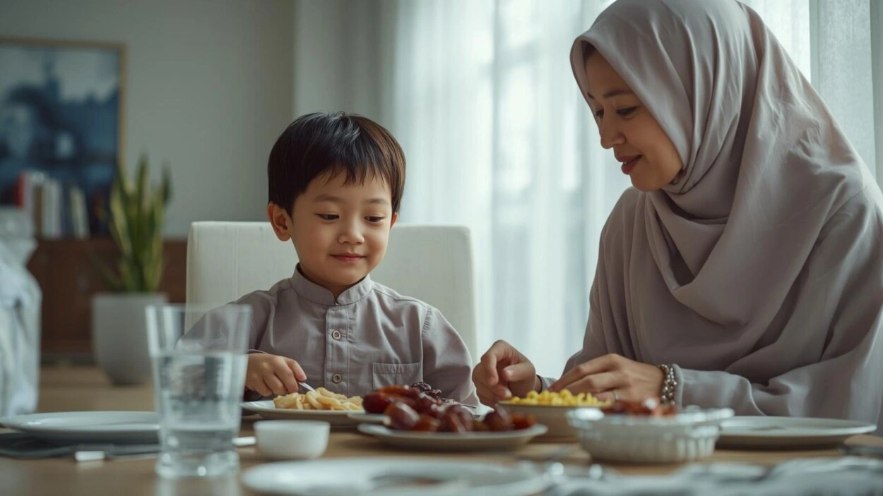 Mengajarkan anak puasa bisa dilakukan dengan mulai membiasakannya puasa dengan durasi setengah hari. (Foto: Ilustrasi AI/TRENDS.co.id)